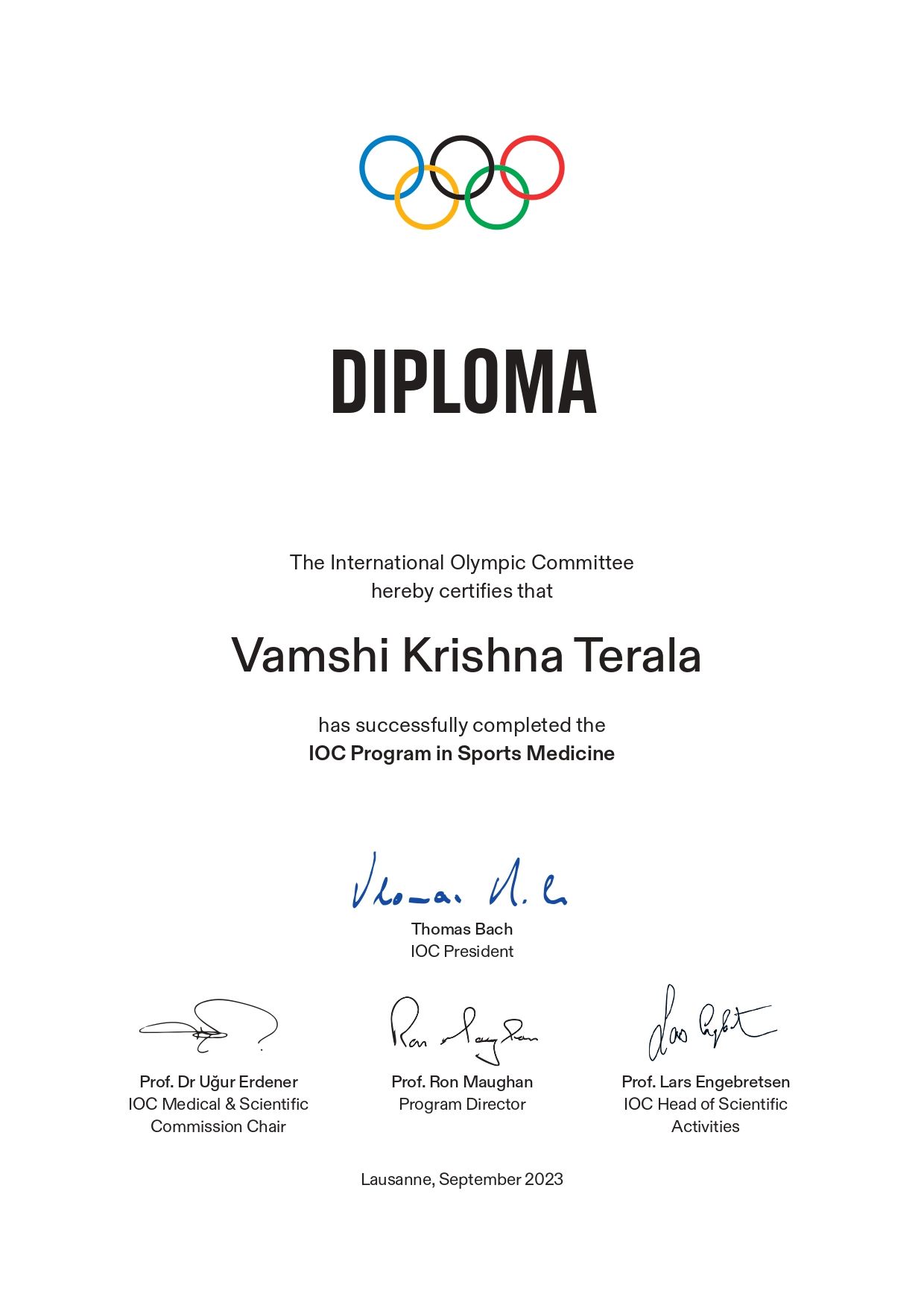Diploma in Sports Medicine certificate — International Olympic Committee, Dr. Vamshi Krishna Terala