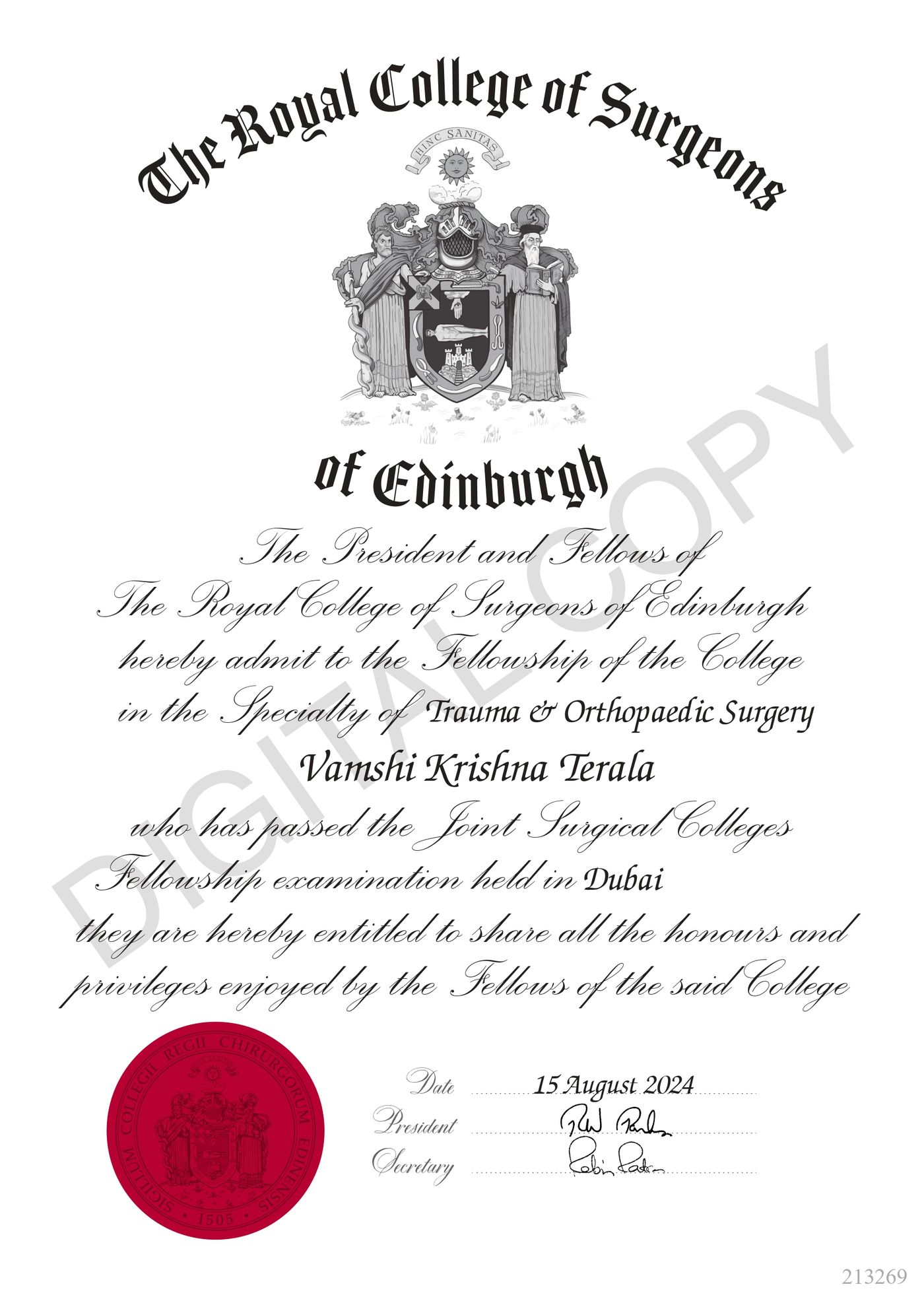FRCS Trauma & Orthopaedics certificate — Royal College of Surgeons of Edinburgh, Dr. Vamshi Krishna Terala